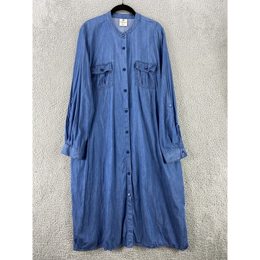 Laurie Felt Dress Large Denim Long Sleeve‎ Button Up Snaps Western Casual Pocket